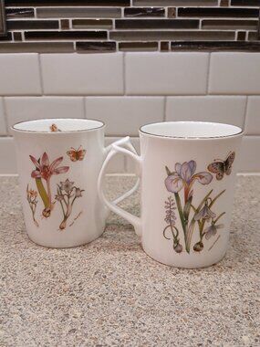 Vintage Royal Crown Duchy Floral Fine Bone China Mugs - Helen Philipps artist